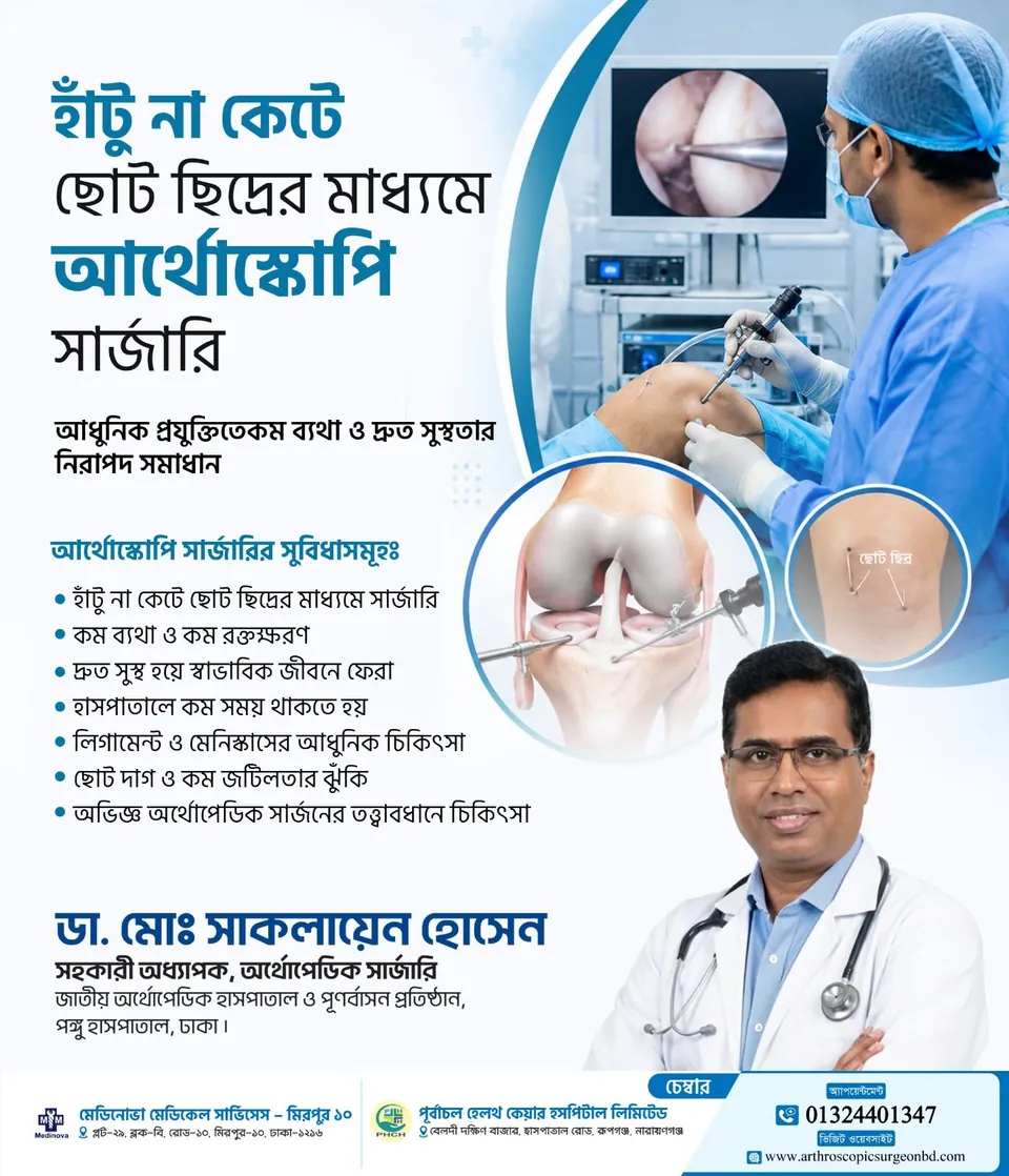 Arthroscopic knee surgery through small incisions – patient information poster by Dr. Md. Saklayen Hossain